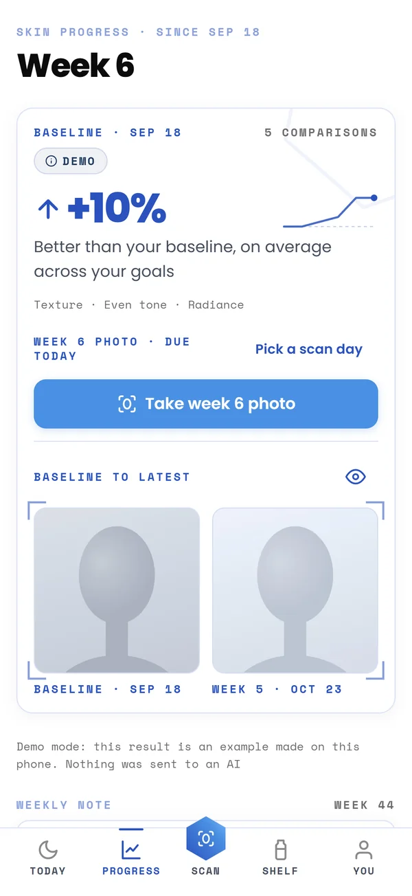 The Progress screen in week 6: the baseline photo and the latest photo side by side, the button to take this week's photo, and an AI comparison marked Demo
