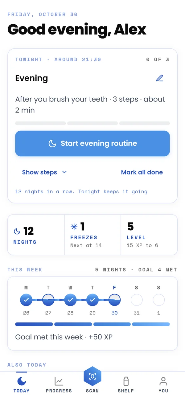 The Today screen of Prime Longevity: tonight's evening routine with three steps and a start button, 12 nights in a row, one streak freeze, level 5, and this week's goal met
